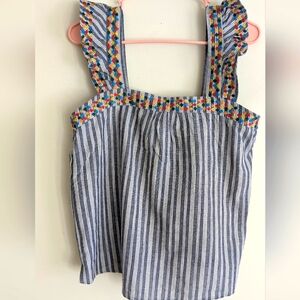 Savanna Jane Blue striped Floral Embroidered Boho Ruffle Sleeve Tank Top MEDIUM